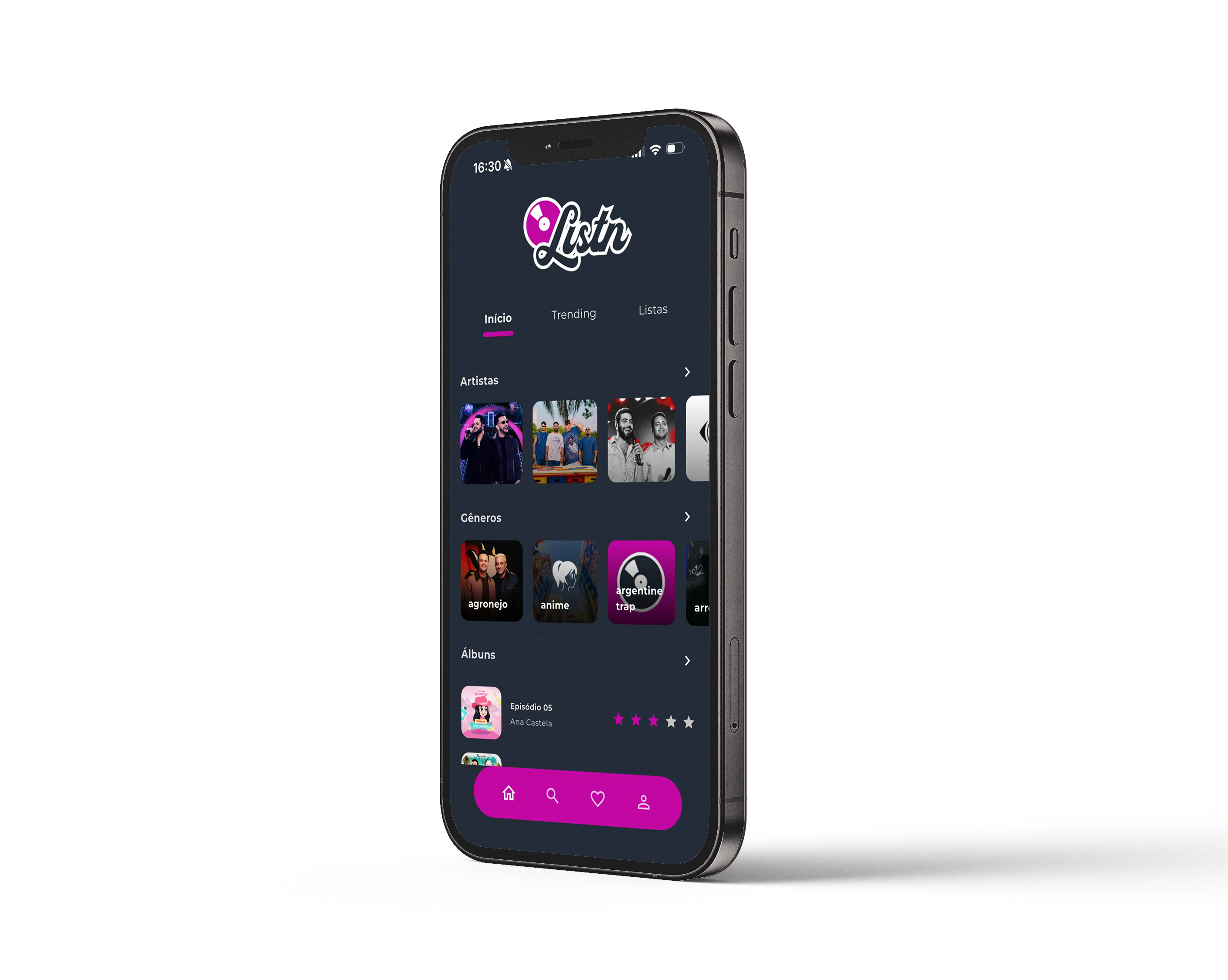 Listn app mostrando avaliações de álbuns